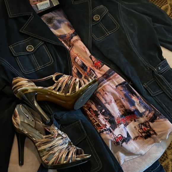 CARLOS SANTANA SZ 10 STILETTO HEEL SANDALS Splash-Multi-Tonal Color, HT over 4in - Picture 4 of 12